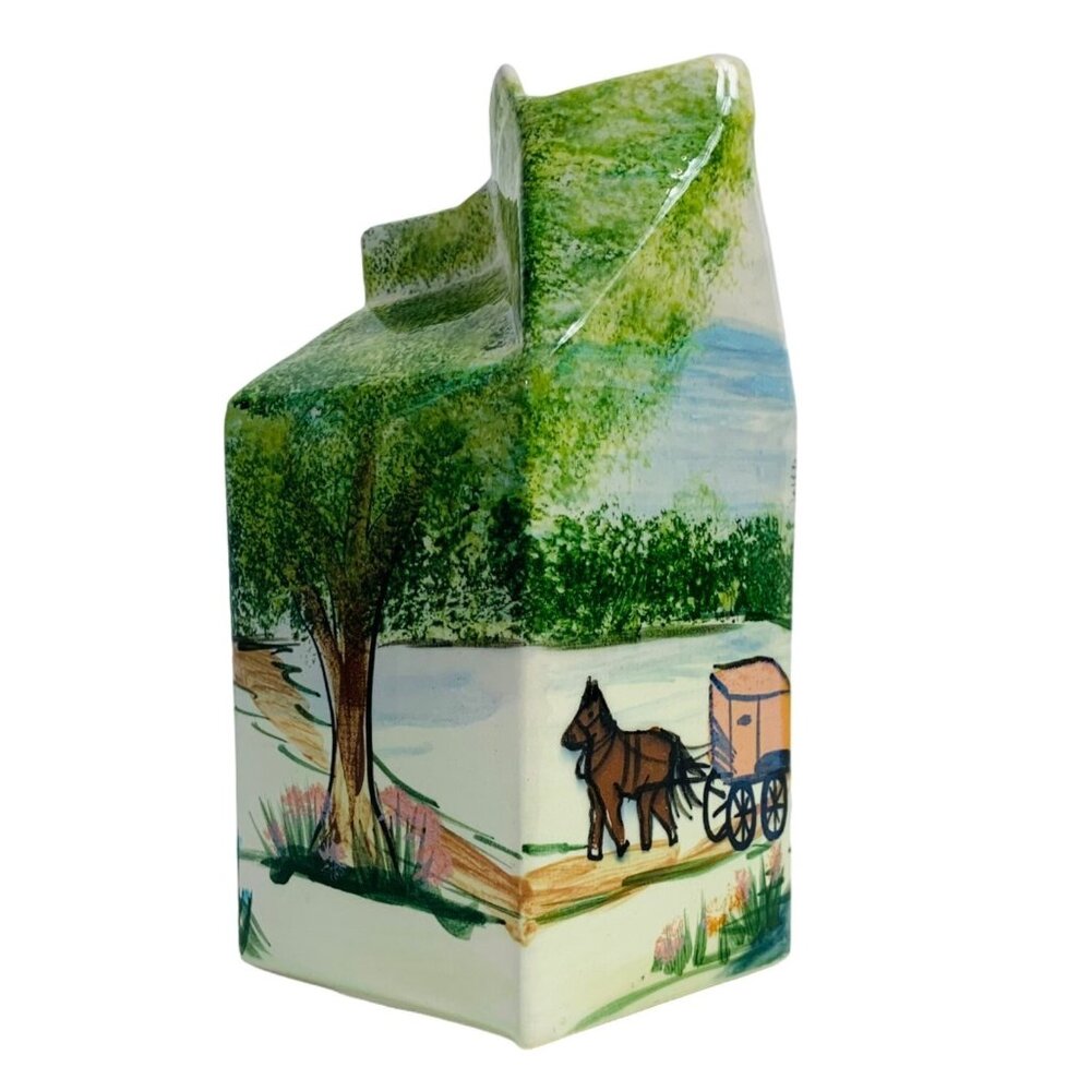 Farmhouse Amish Ceramic Milk Carton Vase VTG 1977 Horse Buggy Artist Signed